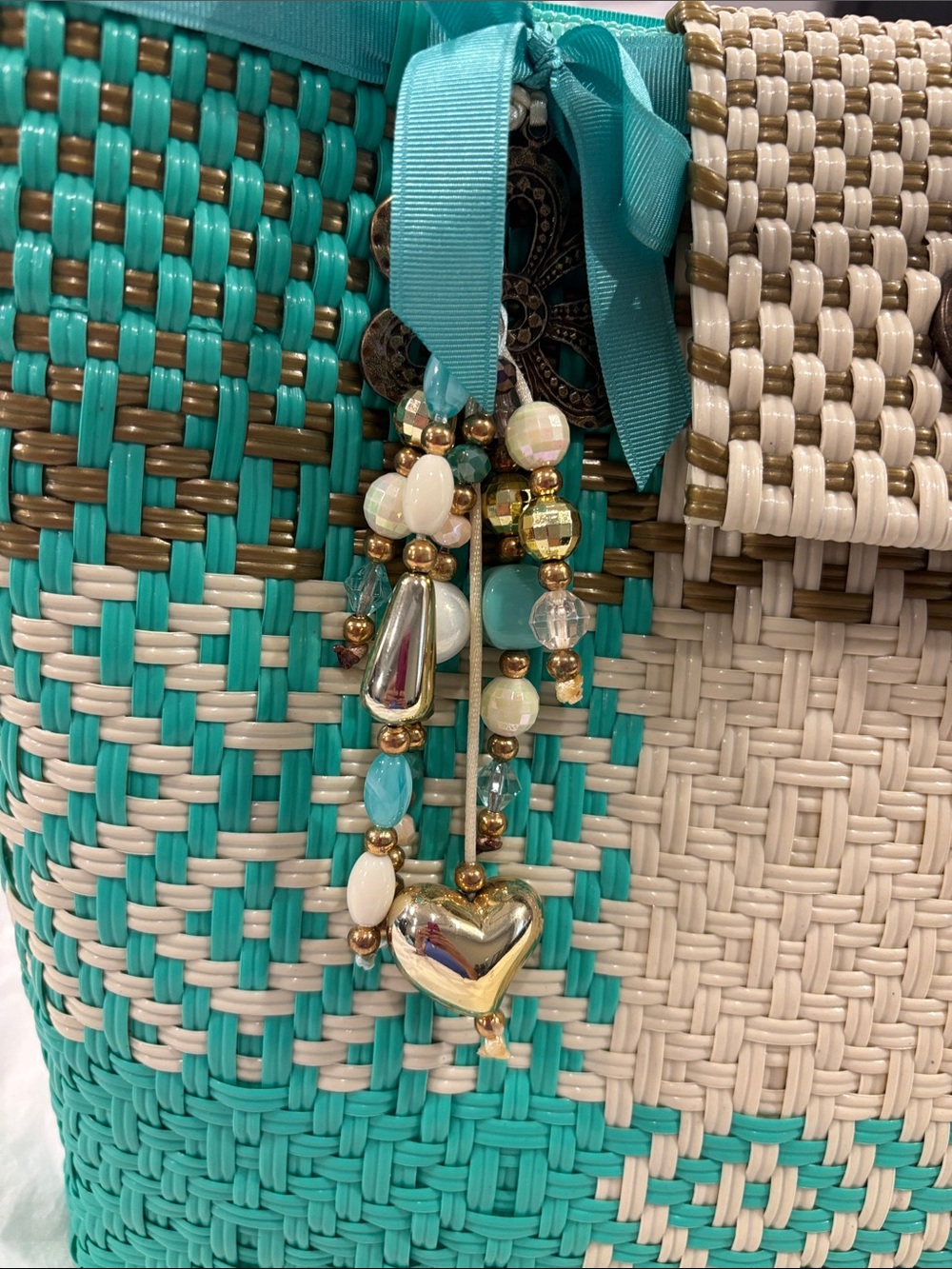 Woven Straw Tote Bag in Turquoise, Cream & Brown - Picture 2 of 6